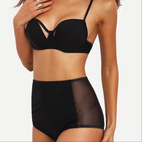 Vintage Inspired Black Mesh Panel High Waist Bikini NWT - Picture 4 of 6